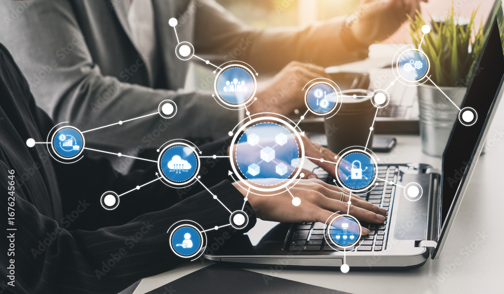 Poster close-up view of hands typing on a laptop, surrounded by digital icons representing technology conne