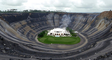 Luxurious White Mansion and Green Lawn with Pool, Secluded Deep Within a Massive, Layered Earth Pit Under an Overcast Sky