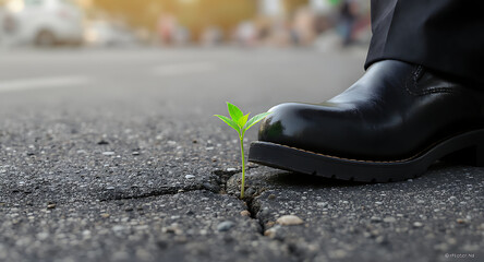 Green plant pushing through asphalt crack, threatened by a business shoe. Symbol of resilience, growth, and overcoming adversity.
