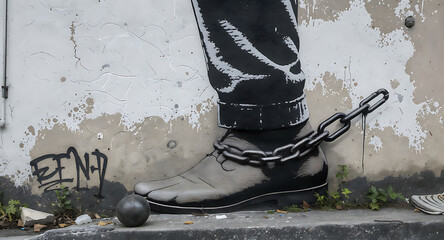 Mural of a chained foot with ball and chain on a weathered urban wall, symbolizing confinement and social struggle.