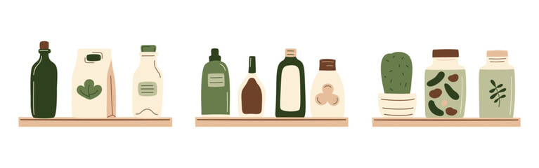 Canned food, bottles and cactus products on shelf. Meal preserved in a glass jar from supermarket or farmer market in zero-waste packaging for eco-friendly design. Vector illustration in organic flat