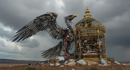 Art Installation: Recycled Phoenix and Golden Birdcage in Arid Landscape Under Dramatic Sky