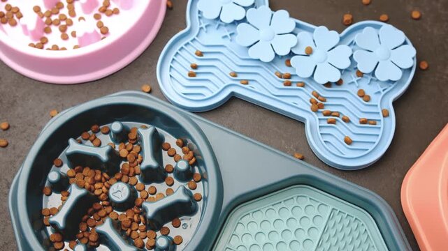 Pet food bowls with slow feeder maze design, bone shapes, flower pattern, playful mealtime