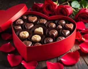 Heart-shaped box of assorted chocolates surrounded by roses and petals