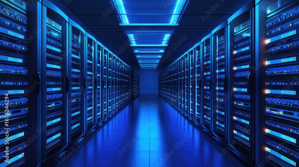 Poster modern large data center with rows of powerful server racks glowing in blue light, perfect for cloud