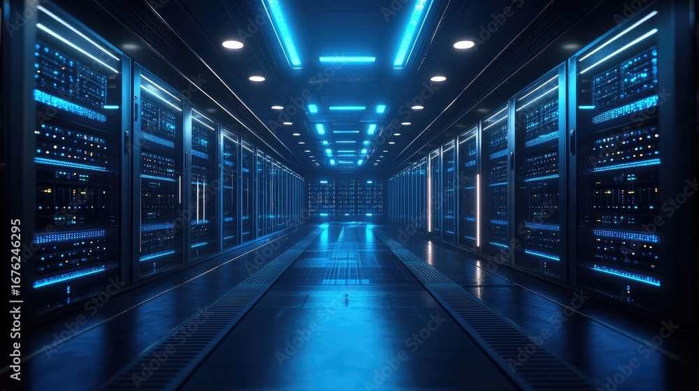 Poster futuristic data center corridor with glowing blue server racks and advanced network infrastructure, 