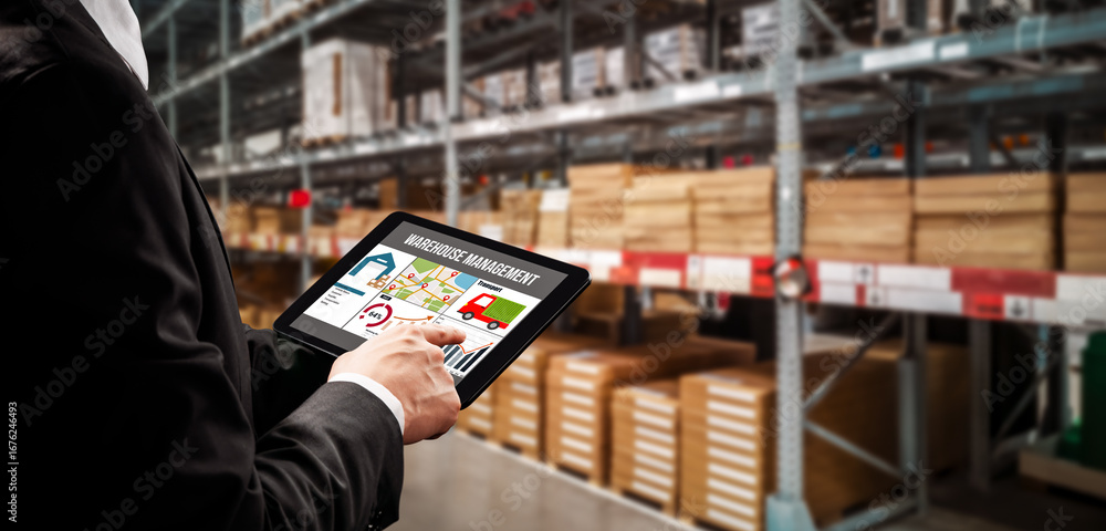 Poster warehouse management innovative software in computer for real time monitoring of goods package deliv