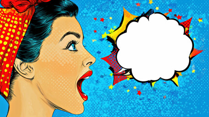 Vibrant Pop Art Woman Shouting with Speech Bubble, Retro Comic Style Illustration