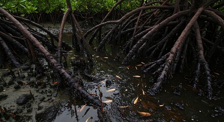 Mangrove roots create a natural habitat for small fish, showcasing an aquatic ecosystem.