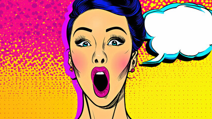 Vibrant Pop Art Woman Shouting with Speech Bubble, Retro Comic Style Illustration