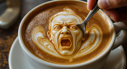Screaming Face Latte Art in Coffee Cup with Spoon Stirring