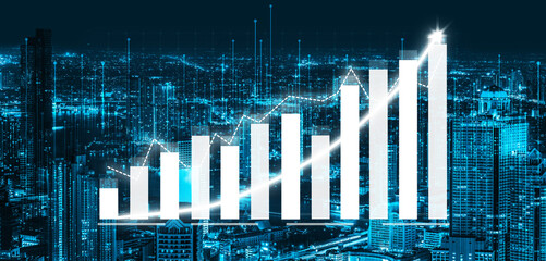 A dynamic urban night scene showcases a glowing data graph over a city skyline, symbolizing growth and technology impact on business performance. Impute