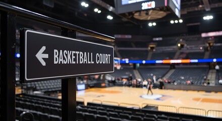 Empty Basketball Arena with 'Basketball Court' Directional Sign