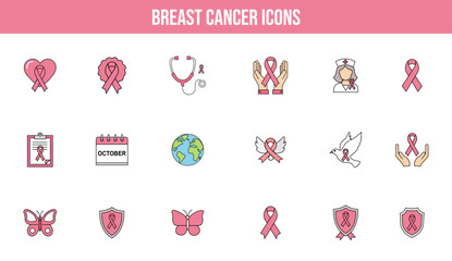 Breast Cancer Awareness Icon Set with Pink Ribbon Symbols, Medical Support, Nurse, Hands, Calendar, Earth, Butterfly, Dove, and Shield Elements