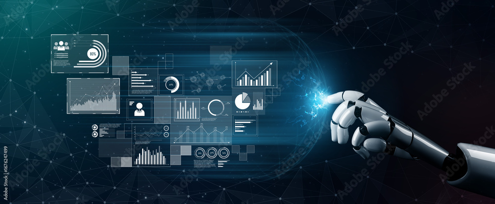 Aufkleber ai interacts with data analytics dashboard, reading trends, improving decisions, and enhancing insig