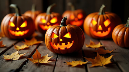 Glowing Halloween Pumpkins on Rustic Wooden Table