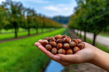 Handful of freshly harvested hazelnuts in a lush orchard on a sunny day