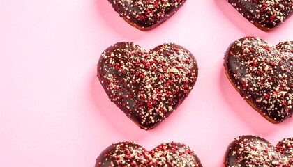 Heart-shaped chocolate-glazed donuts on pink background