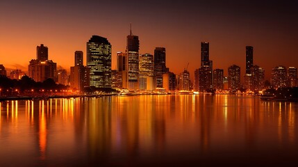 Fototapeta premium Downtown skyline glowing in golden evening tone