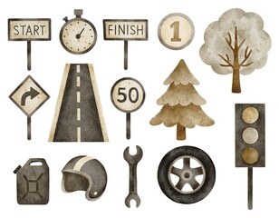 Set of watercolor racing elements with road, signs, stopwatch, wrench, gasoline canister, wheel, tree and traffic light on white background. Perfect for stickers, cards, kids designs and decorations.
