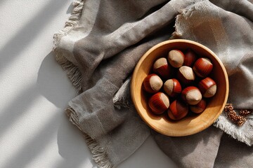 Natural elegance shines through in a wooden bowl filled with chestnuts on a textured fabric under soft sunlight