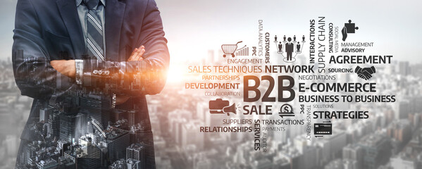 A professional businessman stands confidently over a city skyline, surrounded by various B2B concepts, showcasing modern strategies and collaboration in digital commerce. Tessel