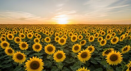 Fototapeta premium A vast field of sunflowers stretches towards the horizon at sunset, bathed in golden light