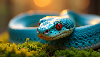 Close-Up of Vibrant Electric Blue Snake Resting on Green Moss in Warm Light