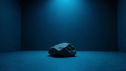 A solitary rock illuminated by a spotlight in a minimalist blue studio setting creating a stark contrast