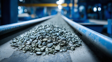 Stunning photo of industrial processing of rare earth elements. Precious metals extracted from ore. Material on conveyor belt. Mining industry. Extraction process. Sustainable