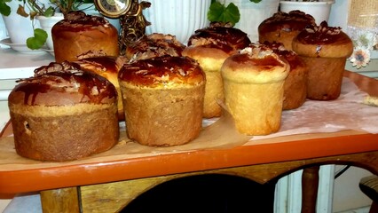 Ukrainian Easter Cakes Beautifully Arranged on a Rustic Table Ready for Celebration