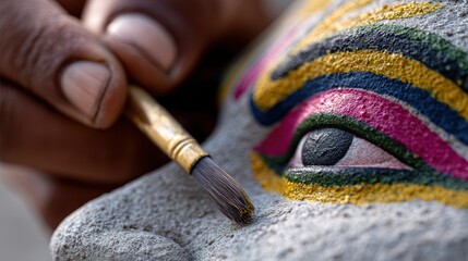 festival decorations, skilled artisans paint vibrant, dynamic designs on large ravan effigies with bold, high-contrast colors