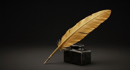 Stunning golden quill resting on black inkwell with dark elegant background for creative writing projects and historical documents, conveying sophistication and luxury with vintage charm