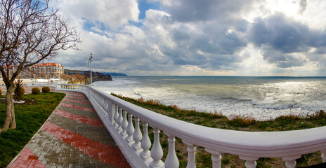 Embankment and balustrade of Gelendzhik resort. There is storm at sea. Winter, out of season....