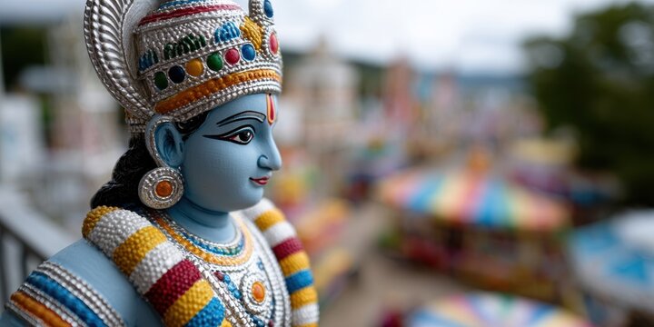 miniature effigy display, sharp focus on a handmade miniature ravan effigy, adorned with bright colors and intricate details, with the fairground rides and festive crowd blurred in the background