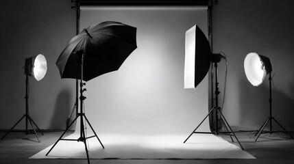 Photography Studio with Lighting Equipment and White Backdrop in Black and White