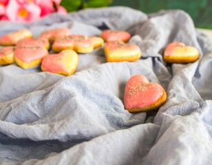 Heart-shaped cookies with pink icing on a light purple tablecloth