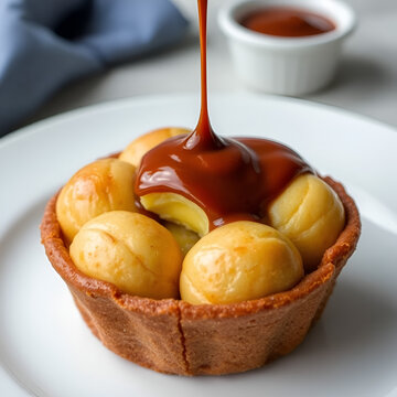 Un postre bollos de hojaldre rellenos de crema pastelera y cubiertos con una generosa capa de salsa de chocolate caliente