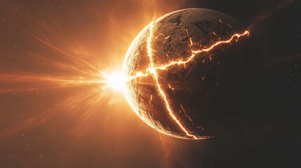 Explosive cosmic event showcasing a planet engulfed in fiery cracks and radiant light, set against a dark starry background, illustrating the power of celestial phenomena