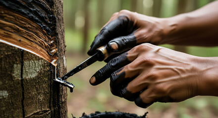 Skilled hands tapping a rubber tree, extracting raw natural latex. Close-up of traditional rubber harvesting process in a tropical plantation, show...