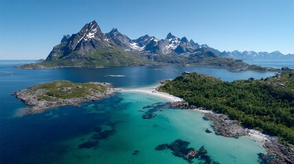 Obraz premium Scenic Mountain Island Landscape with Turquoise Water and Green Forests