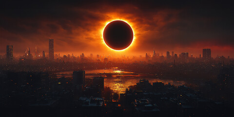 Total solar eclipse over a city skyline, with dramatic clouds and glowing sun halo, creating a breathtaking celestial phenomenon in the night sky