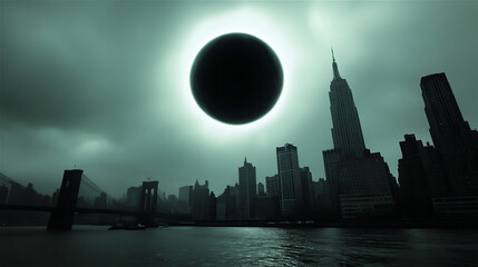 Total solar eclipse casting a shadow over a city skyline, with dark clouds and reflections on the water, creating a dramatic celestial atmosphere