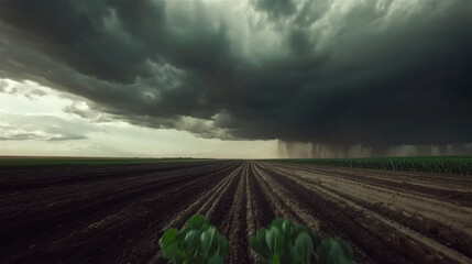 Dramatic landscape featuring dark storm clouds looming over freshly plowed agricultural fields, with rows of crops stretching into the distance, capturing nature's power and beauty