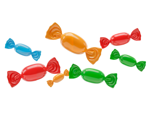 Colorful assorted candies in various shapes and sizes on white background  