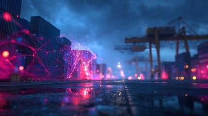 Futuristic Cargo Port with Digital Network Overlay and Cranes Under Moody Evening Sky