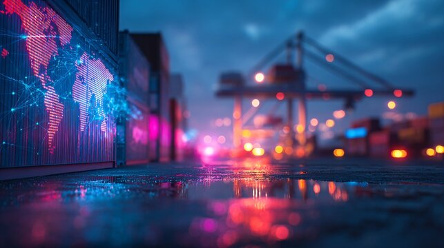 Global Trade Network Digital World Map on Shipping Containers at a Modern Port Terminal - Powered by Adobe