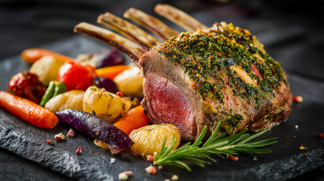 Gourmet lamb rack with fresh herb crust served with colorful roasted vegetables on slate plate closeup