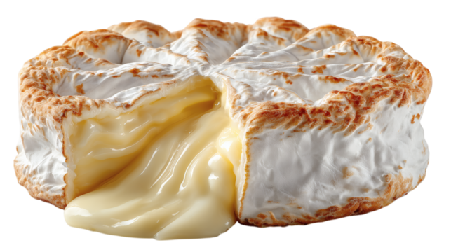 Delicious baked brie cheese wheel with creamy melted filling isolated on white background ready to serve and eat