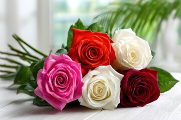 Naklejka premium Vibrant bouquet of assorted roses resting elegantly on a wooden surface in a sunlit room